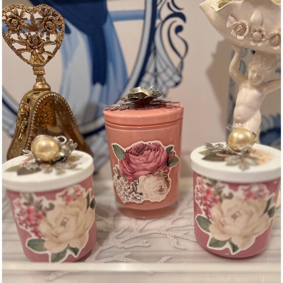 Peony Roses Large Vanity Jar Silver Leaf Encrusted Lid Tassle Vanity Jar Jeweled - Picture 3 of 6